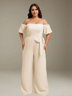 Jumpsuits Off-The-Shoulder Floor-Length Bridesmaid Dresses with Pockets & Bowknot