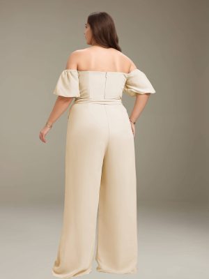 Jumpsuits Off-The-Shoulder Floor-Length Plus Size Bridesmaid Dresses with Pockets & Bowknot