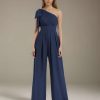 Jumpsuits One-Shoulder Sleeveless Floor-Length Chiffon Bridesmaid Dresses with Ruched & Bowknot