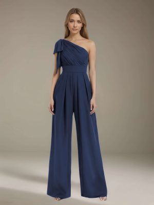 Jumpsuits One-Shoulder Sleeveless Floor-Length Chiffon Bridesmaid Dresses with Ruched & Bowknot