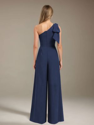 Jumpsuits One-Shoulder Sleeveless Floor-Length Chiffon Bridesmaid Dresses with Ruched & Bowknot