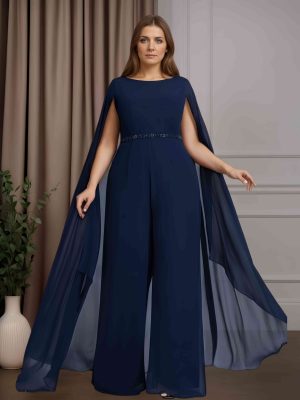 Jumpsuits Scoop Neck Cap Sleeves Floor-Length Mother of the Bride Pantsuits with Beaded