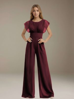 Jumpsuits Scoop Neck Short Sleeves Floor-Length Bridesmaid Dresses with Ruched & Pockets