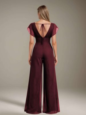 Jumpsuits Scoop Neck Short Sleeves Floor-Length Bridesmaid Dresses with Ruched & Pockets