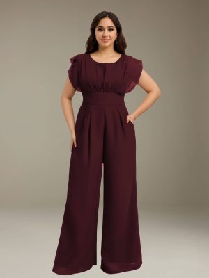 Jumpsuits Scoop Neck Short Sleeves Floor-Length Bridesmaid Dresses with Ruched & Pockets
