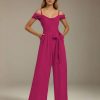 Jumpsuits Spaghetti Straps Cowl Neck Sleeveless Floor-Length Chiffon Bridesmaid Dresses with Ruched, Pockets & Bowknot