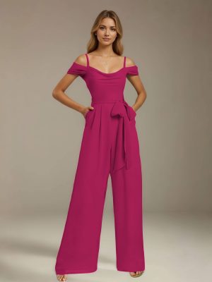Jumpsuits Spaghetti Straps Cowl Neck Sleeveless Floor-Length Chiffon Bridesmaid Dresses with Ruched, Pockets & Bowknot