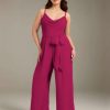 Jumpsuits Spaghetti Straps Cowl Neck Sleeveless Floor-Length Chiffon Plus Size Bridesmaid Dresses with Ruched, Pockets & Bowknot