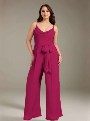 Jumpsuits Spaghetti Straps Cowl Neck Sleeveless Floor-Length Chiffon Bridesmaid Dresses with Ruched, Pockets & Bowknot