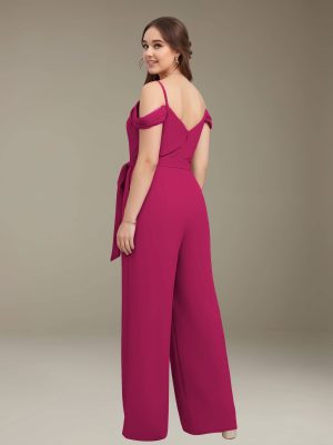 Jumpsuits Spaghetti Straps Cowl Neck Sleeveless Floor-Length Chiffon Plus Size Bridesmaid Dresses with Ruched, Pockets & Bowknot