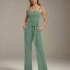 Jumpsuits Spaghetti Straps Sleeveless Floor-Length Chiffon Bridesmaid Dresses with Ruched & Pockets