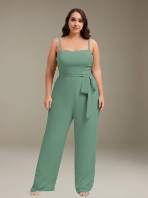 Jumpsuits Spaghetti Straps Sleeveless Floor-Length Chiffon Bridesmaid Dresses with Ruched & Pockets