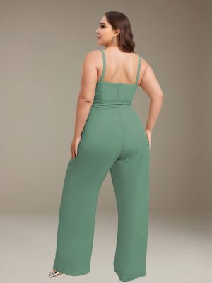 Jumpsuits Spaghetti Straps Sleeveless Floor-Length Chiffon Bridesmaid Dresses with Ruched & Pockets