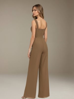 Jumpsuits Square Neckline Sleeveless Floor-Length Bridesmaid Dresses with Ruched & Pockets