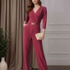 Jumpsuits V-Neck 3/4 Length Sleeves Ankle-Length Mother of the Bride Pantsuits with Ruched & Gold Chain
