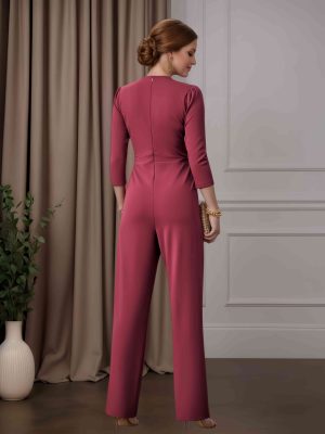 Jumpsuits V-Neck 3/4 Length Sleeves Ankle-Length Mother of the Bride Pantsuits with Ruched & Gold Chain