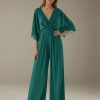 Jumpsuits V-Neck 3/4 Length Sleeves Floor-Length Bridesmaid Dresses with Ruched & Pockets