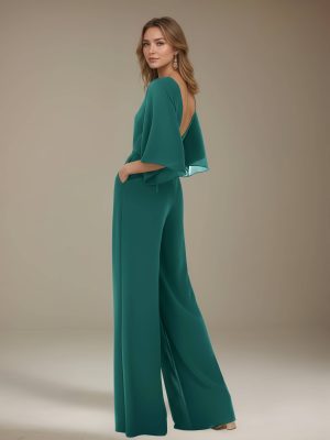 Jumpsuits V-Neck 3/4 Length Sleeves Floor-Length Bridesmaid Dresses with Ruched & Pockets