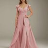 Jumpsuits V-Neck Short Sleeves Floor-Length Bridesmaid Dresses with Ruched & Pockets