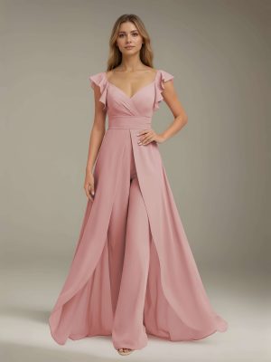 Jumpsuits V-Neck Short Sleeves Floor-Length Bridesmaid Dresses with Ruched & Pockets