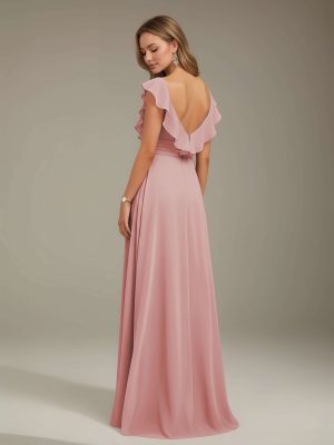 Jumpsuits V-Neck Short Sleeves Floor-Length Bridesmaid Dresses with Ruched & Pockets