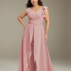Jumpsuits V-Neck Short Sleeves Floor-Length Plus Size Bridesmaid Dresses with Ruched & Pockets