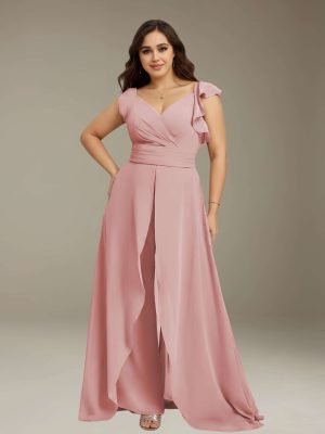 Jumpsuits V-Neck Short Sleeves Floor-Length Plus Size Bridesmaid Dresses with Ruched & Pockets