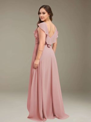 Jumpsuits V-Neck Short Sleeves Floor-Length Bridesmaid Dresses with Ruched & Pockets