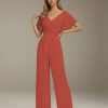 Jumpsuits V-Neck Short Sleeves Floor-Length Bridesmaid Dresses with Ruched
