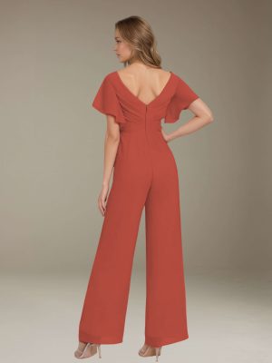 Jumpsuits V-Neck Short Sleeves Floor-Length Bridesmaid Dresses with Ruched