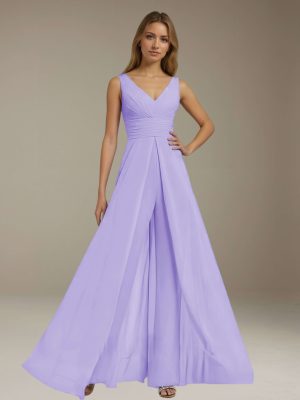 Jumpsuits V-Neck Sleeveless Floor-Length Bridesmaid Dresses with Ruched