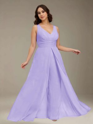 Jumpsuits V-Neck Sleeveless Floor-Length Bridesmaid Dresses with Ruched