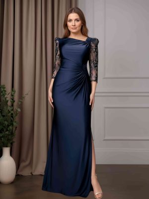 Mermaid/Trumpet Asymmetrical Neckline 3/4 Length Sleeves Floor-Length Plus Size Mother of the Bride Dresses with Sequins & Lace Appliques