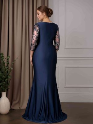 Mermaid/Trumpet Asymmetrical Neckline 3/4 Length Sleeves Floor-Length Plus Size Mother of the Bride Dresses with Sequins & Lace Appliques