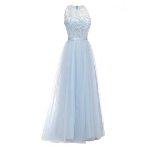 Sleeveless Sky Blue Tulle Bridesmaid Dresses