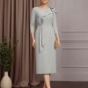 Sheath/Column Asymmetrical Neck 3/4 Length Sleeves Tea-Length Mother of the Bride Dresses with Beaded & Pleated
