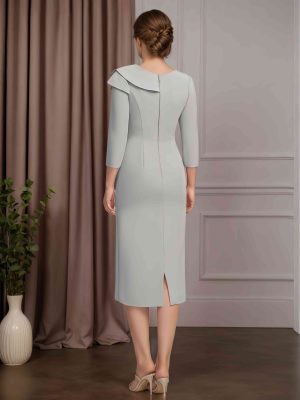 Sheath/Column Asymmetrical Neck 3/4 Length Sleeves Tea-Length Mother of the Bride Dresses with Beaded & Pleated