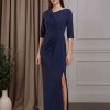 Sheath/Column Asymmetrical Neck Half Sleeves Floor-Length Mother of the Bride Dresses with Ruffles & Split Side