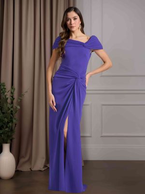 Sheath/Column Asymmetrical Neck Short Sleeves Floor-Length Mother of the Bride Dresses with Ruffles & Split Side