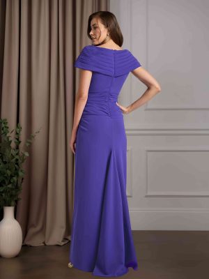 Sheath/Column Asymmetrical Neck Short Sleeves Floor-Length Mother of the Bride Dresses with Ruffles & Split Side