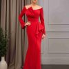 Sheath/Column Boat Neckline Long Sleeves Floor-Length Mother of the Bride Pantsuits with Ruffles, Bowknot & Split Side