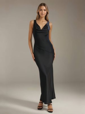 Sheath/Column Cowl Neck Sleeveless Ankle-Length Satin Backless Bridesmaid Dresses