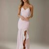 Sheath/Column Halter V-Neck Sleeveless Floor-Length Bridesmaid Dresses with Ruffles & Split Side
