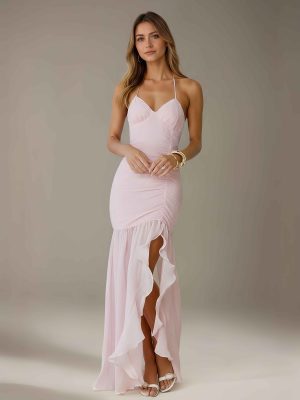 Sheath/Column Halter V-Neck Sleeveless Floor-Length Bridesmaid Dresses with Ruffles & Split Side