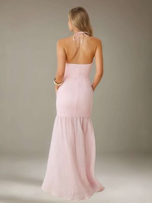 Sheath/Column Halter V-Neck Sleeveless Floor-Length Bridesmaid Dresses with Ruffles & Split Side