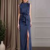 Sheath/Column Jewel Neck Long Sleeves Floor-Length Mother of the Bride Dresses with Ruffles, Bowknot & Split Side
