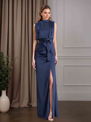 Sheath/Column Jewel Neck Long Sleeves Floor-Length Mother of the Bride Dresses with Ruffles, Bowknot & Split Side