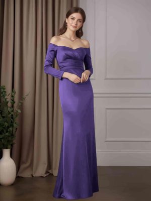 Sheath/Column Off-The-Shoulder 3/4 Length Sleeves Floor-Length Mother of the Bride Dresses with Ruched