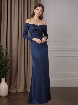 Sheath/Column Off-The-Shoulder 3/4 Length Sleeves Floor-Length Mother of the Bride Dresses with Ruched