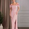 Sheath/Column Off-The-Shoulder Short Sleeves Floor-Length Mother of the Bride Dresses with Ruffles, Split Side & 3D Flowers